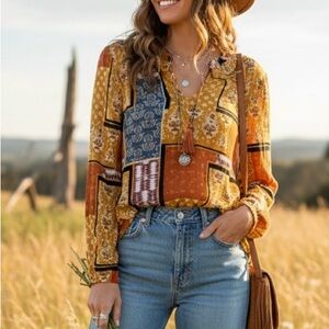 Cloth And Portrait Bohemian Patchwork Blouse EUC Large